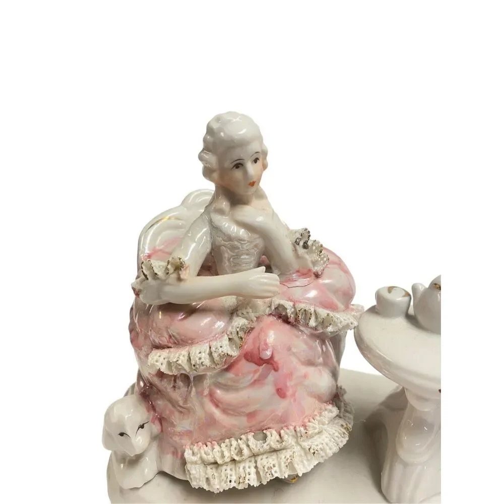 Porcelain Colonial Man & Woman Tea‎ Time Spaghetti Lace & Poodle Figurine